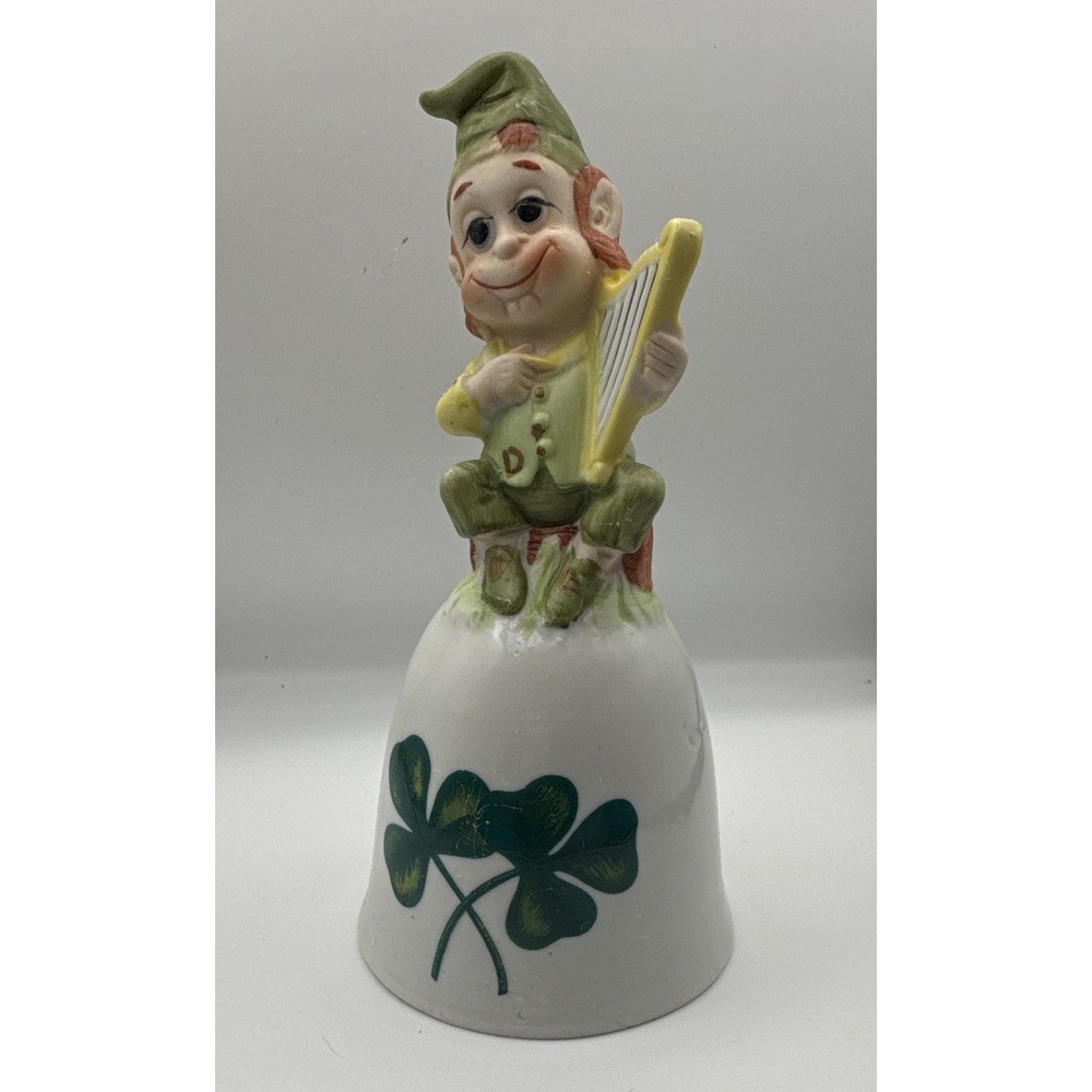 Ceramic Irish Shamrock Bell w/ Leprechaun Harp Figurine Top, Hand Painted 5in